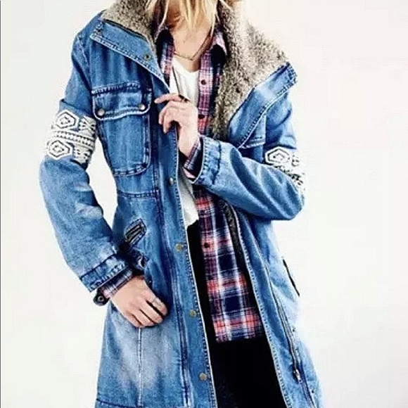 Free People Rendered Embroidered Denim Sherpa Lined Coat Jacket